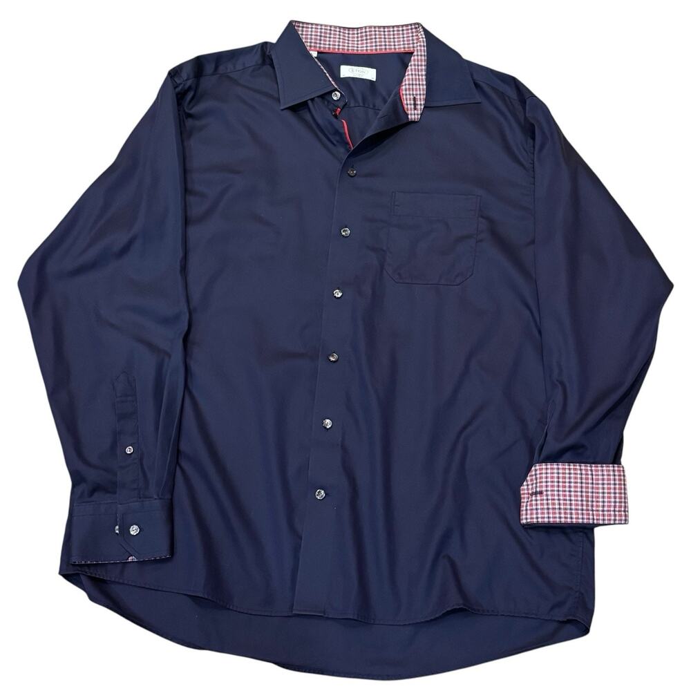 Eton Classic Fit XL 46/18 Navy Blue & Red Plaid Collar& Flip Cuff Dress Shirt